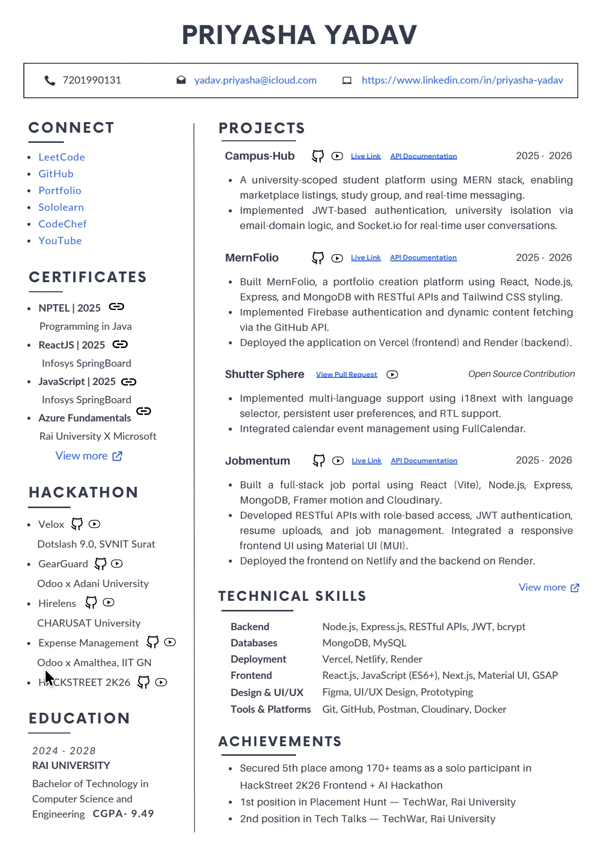 Priyasha Yadav resume preview